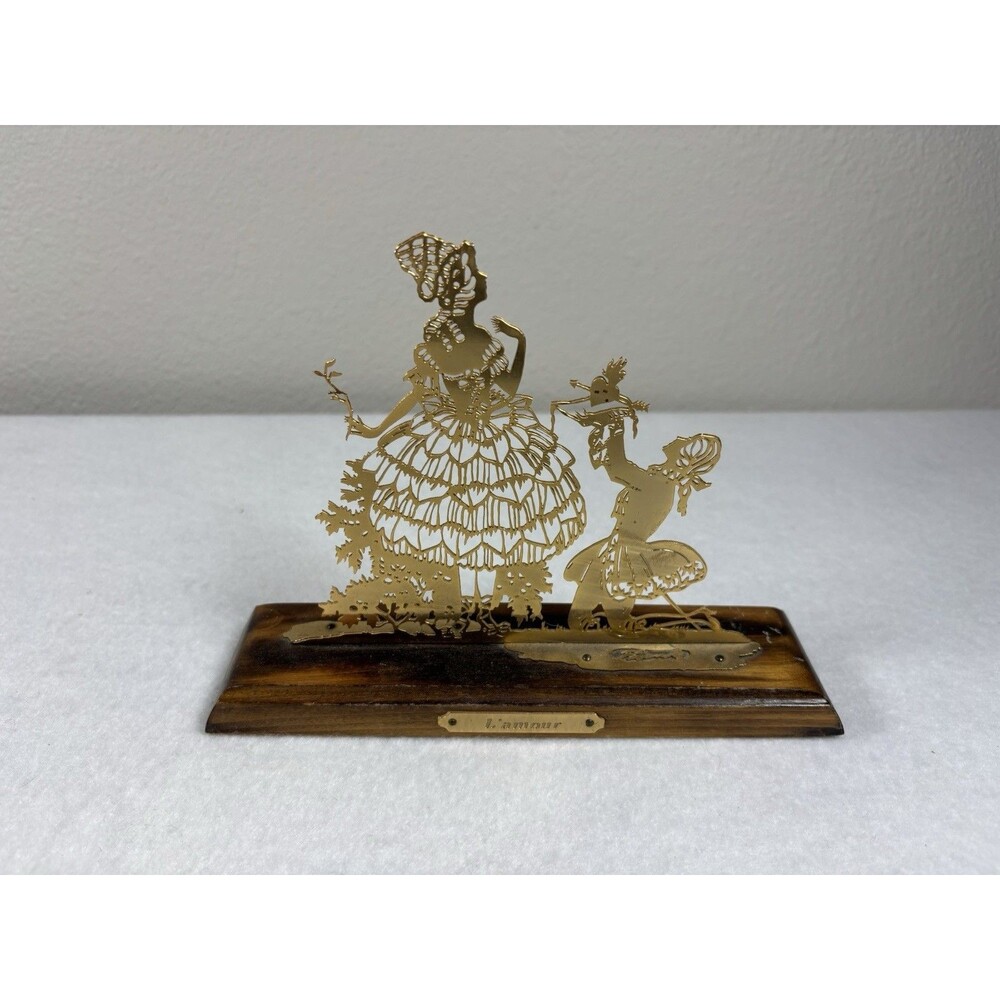 Vintage L’Amour 24K Gold Plated Silhouette Sculpture Wood Base Romantic Scene